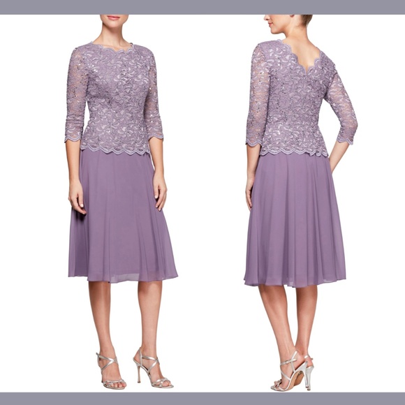 NWT ALEX EVENINGS [ 6 ] Sequin Lace Mock Midi Cocktail‎ Dress in Icy Orchid - Picture 1 of 12